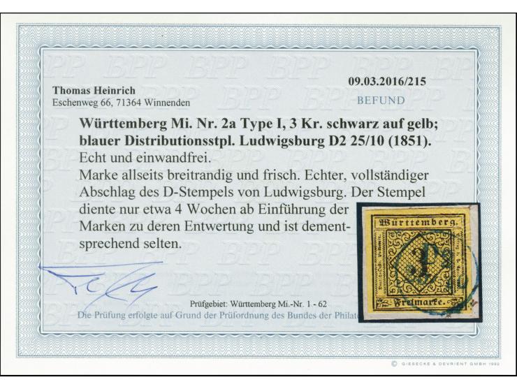 3 Kr. auf gelb, allseits breitrandig und farbfrisch mit sauber aufgesetztem Distributionsstempel "D2 25/10" von Ludwigsburg, 
