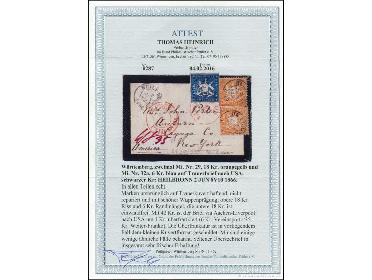 1863, 18 Kr. orangegelb zwei Einzelwerte und 1865 6 Kr. blau mit DKr. "HEILBRONN 2 JUN" auf kleinformatigem, um 1 Kr. überfra