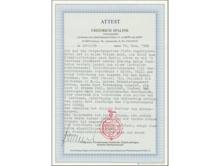 10 C., Spitzen nach unten, in Mischfrankatur mit NDP 1 Gr. gezähnt, beide mit EKr. "GORZE 15 11 71" auf kleinem Briefkuvert n