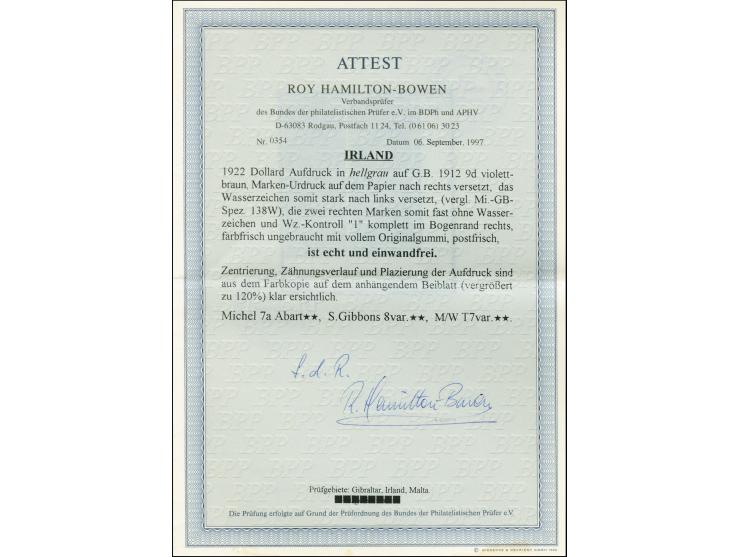 1922, Rialtas 5-line overprint by Dollard printing house, 9d. as block of four from the lower right sheet corner, watermark s