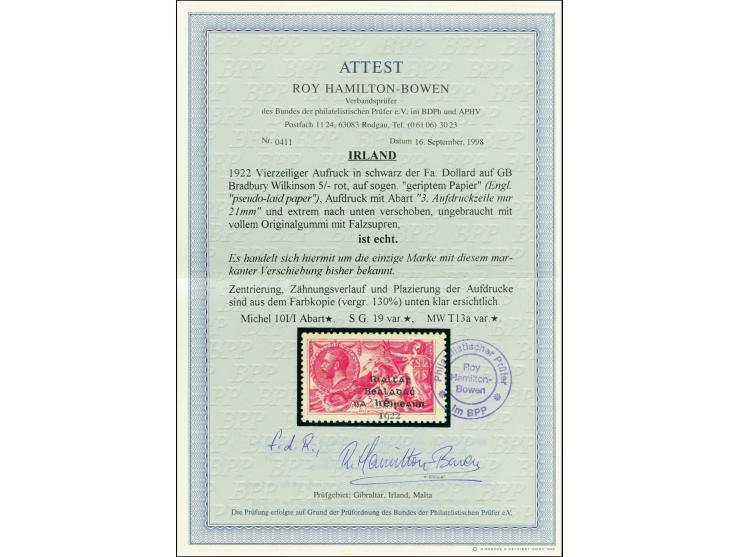 1922, Rialtas 4-line overprint by Dollard printing house, 5 s. on pseudo-laid paper with overprint variety "short 3rd line" a