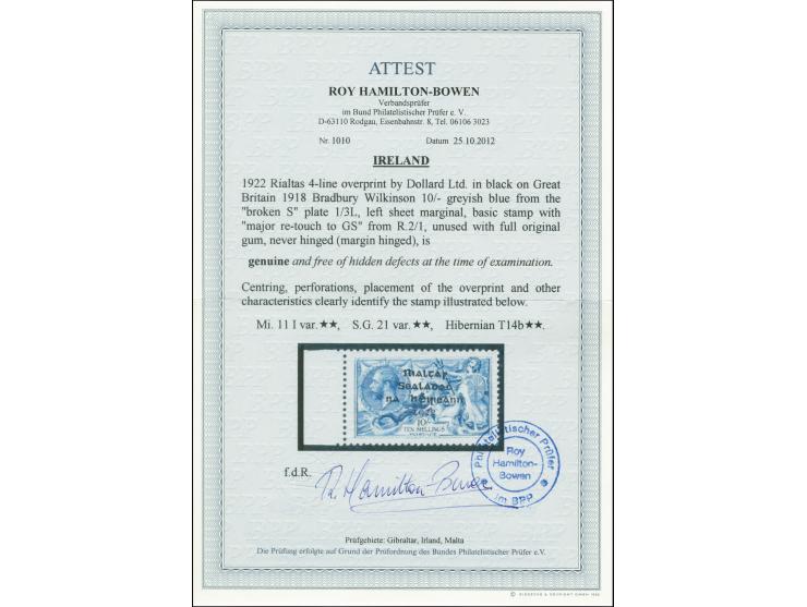 1922, Rialtas 4-line overprint by Dollard printing house, 10 s. as left marginal single from the "broken S" plate 1/3L, basic