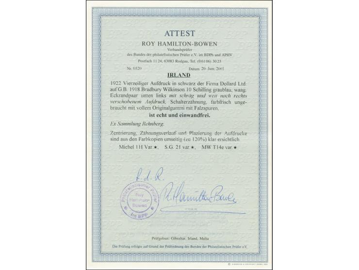 1922, Rialtas 4-line overprint by Dollard printing house, 10 s. as horizontal pair from the lower left sheet corner, with ove