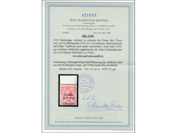 1922, Rialtas 5-line overprint by Thom, 1½d. with upper sheet margin, with downwards shifted overprint thus without "1922", u