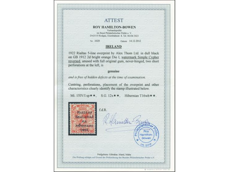 1922, Rialtas 5-line overprint by Thom, 2d. die I, with watermark simple cypher reversed, at left two short perforations, oth