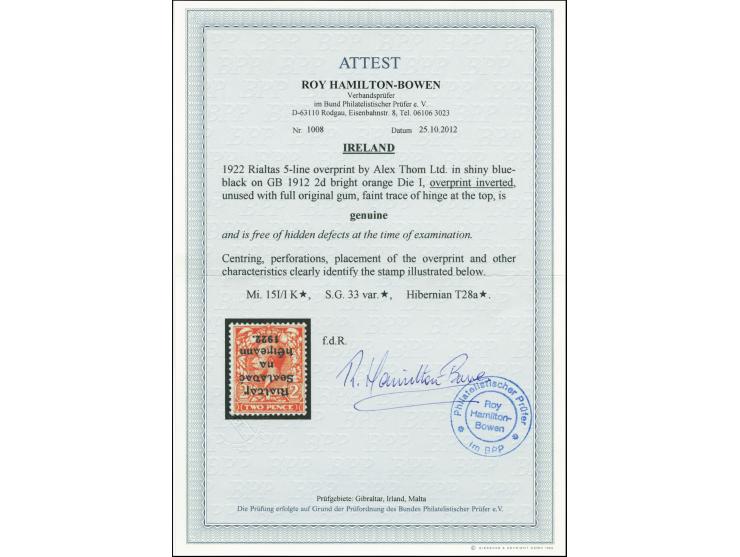 1922, Rialtas 5-line overprint by Thom, 2d. die I, inverted overprint, unused, very fine and scarce, certificate Hamilton-Bow