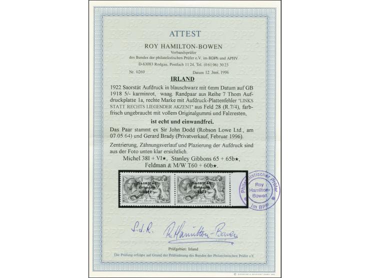 1922, 3-line overprint by Thom, 5 s. as horizontal pair with right sheet margin, the right stamp with overprint variety "reve