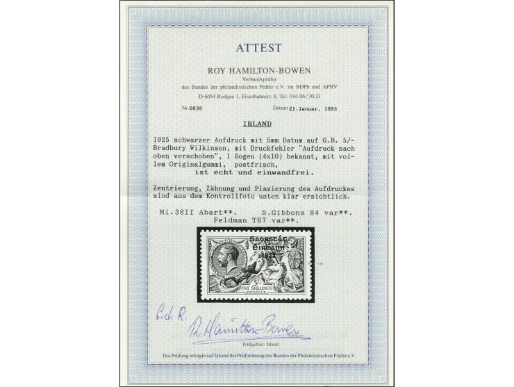 1925, Narrow overprint, 5 s. with shifted overprint, mint never hinged, very fine, certificate Hamilton-Bowen BPP (Michel 38I