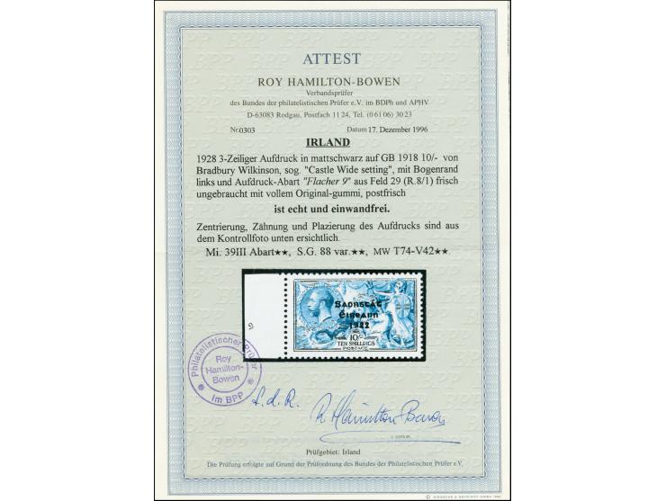1927/28, 10s. left marginal single with overprint error "flat 9", mint never hinged, very fine, certificate Hamilton-Bowen BP
