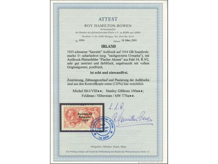 1935, Re-engraved printing 5 s. with overprint error "flat accent above Saorstat", mint never hinged,very fine, certificate H