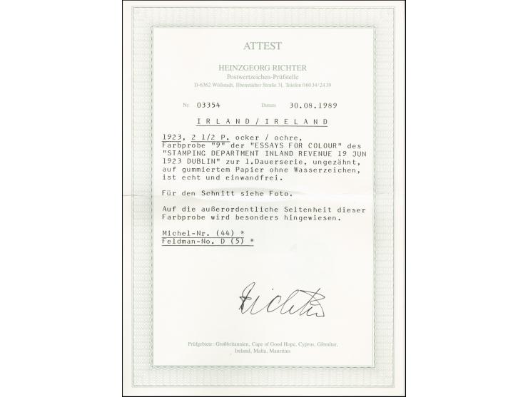 1922, Definitive 2½d. imperforated colour proof in ochre, unused and mounted on chalk paper (40X40mm) with stamped number "9"