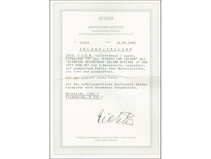 1922, Definitive 2½d. imperforated colour proof in violet-brown, unused and mounted on chalk paper (40X40mm) with stamped num