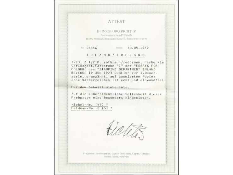 1922, Definitive 2½d. imperforated colour proof in reddish-brown, unused and mounted on chalk paper (75X54mm) with stamped nu