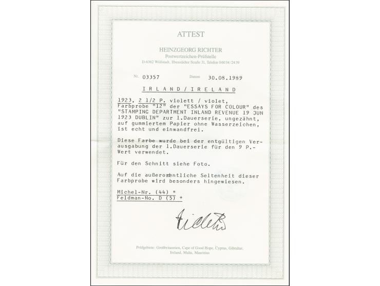 1922, Definitive 2½d. imperforated colour proof in violet, mounted on chalk paper (72X135mm) with stamped number "12" on top,