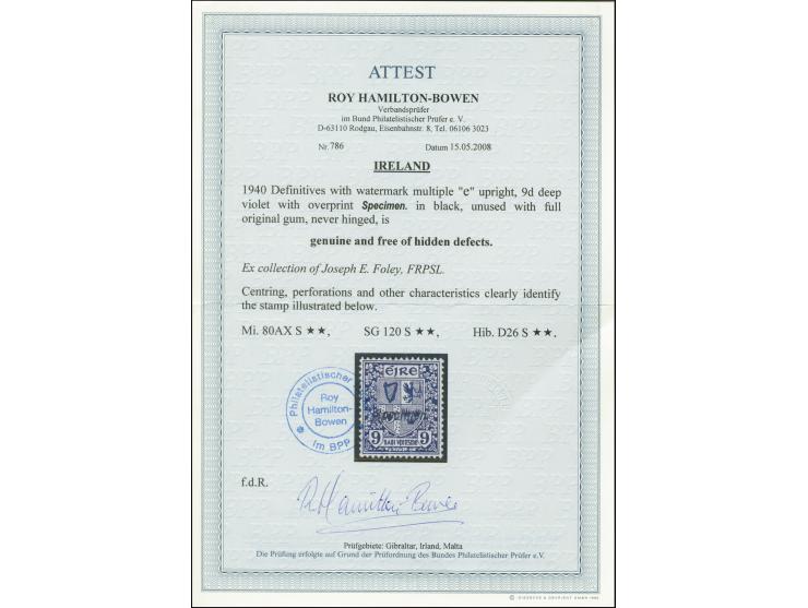 1940, Definitives 9 d. with "SPECIMEN" handstamp, mint never hinged, very fine, certificate Hamilton-Bowen BPP (Michel 80AX)