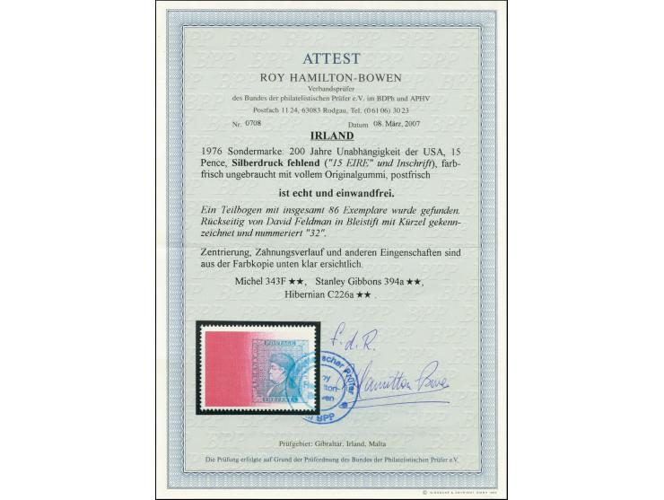 1976, US Bicentenary 15d. with missing silver print, mint never hinged, very fine, only 86 examples known, signed Feldman and