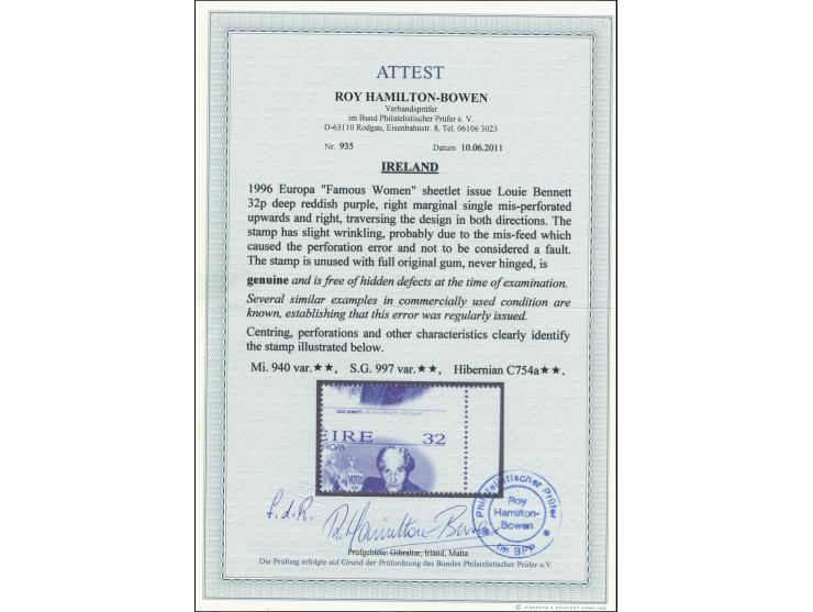 1996, Famous women 32 p., right marginal single, mis-perforated, small wrinkles due to mis-feed, mint never hinged, very fine