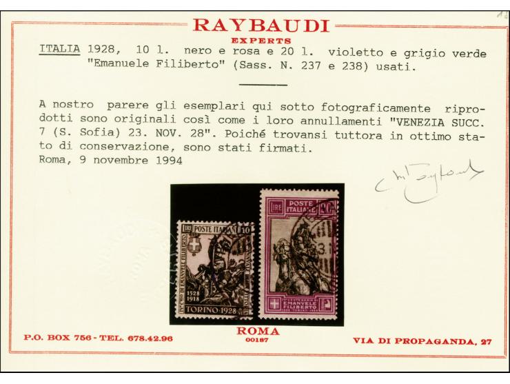1928, Duke of Savojen 10 l. and 20 l., used, fine, signed Raybaudi with certificate (Mi. 690,-)