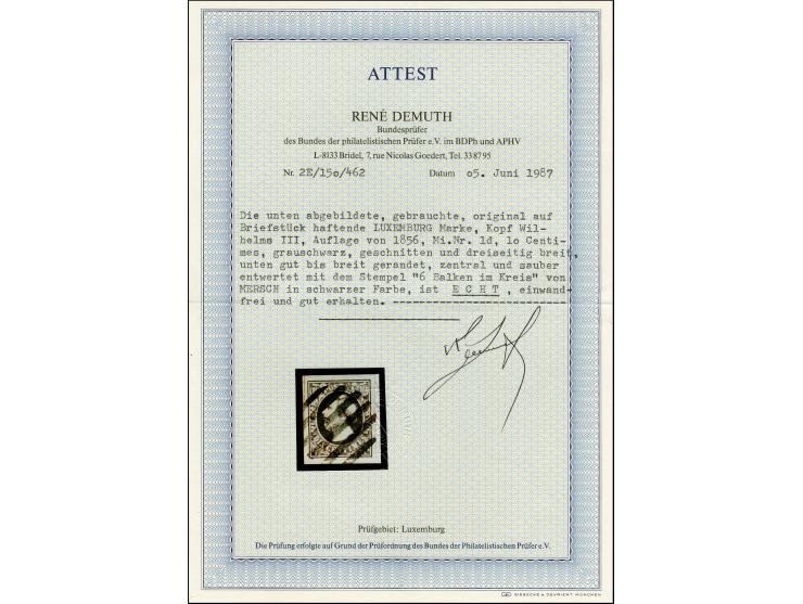 10 c. grey-black, good to mostly wide margins, tied by clear circle of 6 bars to small piece, very fine, certificate Demuth B