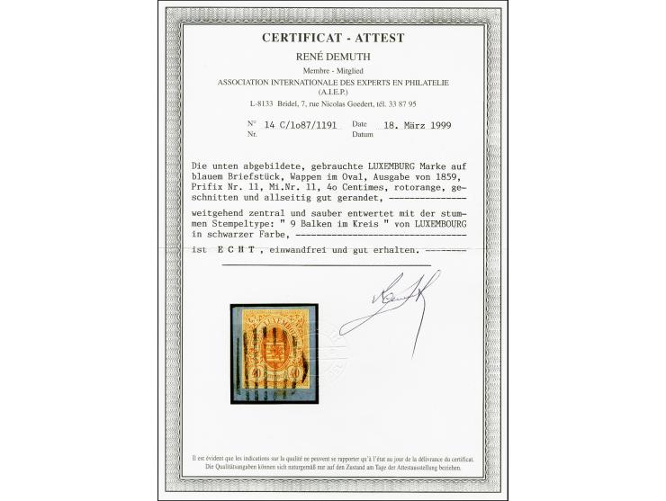40 c. red-orange, nice fresh colour and ample to large margins, neatly cancelled by circle of 9 bars to small piece, extremel