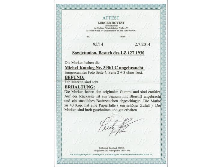 1930, Zeppelin 40-80 k. imperforated, 40 k. has a pre-production paper fold, unused, very fine, signed in pencil and certific