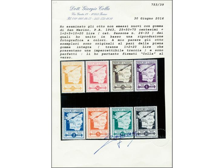 1943, Airmail 25 c. - 20 l. without overprint, unmounted mint, few with tiny spots, otherwise fine, scarce, signed Colla with