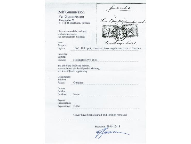 10 kopeck rose-carmine, roulette I, two singles each with pen cross and tied by cds. "HELSINGFORS 9 9 1861" to small envelope