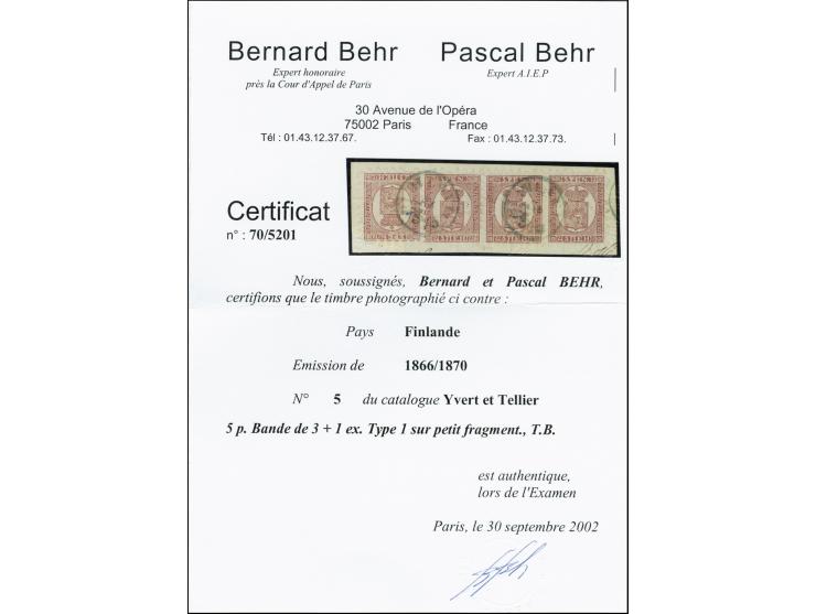 5 penni lilac-brown, roulette II, horizontal strip of three with additionally single affixed as "tête-bêche", with blue cds. 