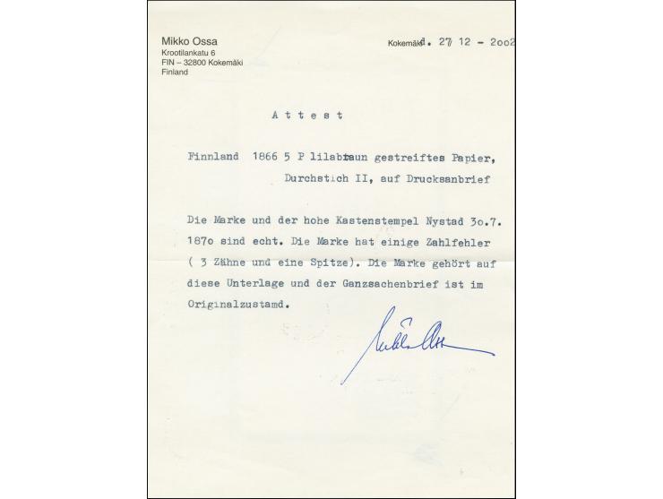 5 penni pale-lilac on thick paper, roulette II, tied by high boxed "NYSTAD. 20 7 1870" to printed matter, few shortened perfo