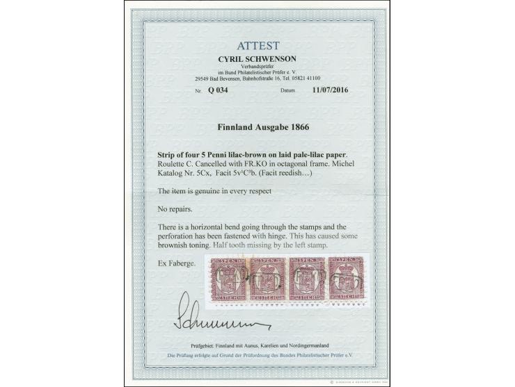 5 penni lilac-brown, roulette III, horizontal strip of four with four clear strikes of boxed "FR.KO", half perforation missin