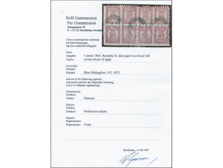 5 penni reddish lilac-brown, roulette II, magnificent block of 8 from the lower left sheet corner, used with neat blue cds. "