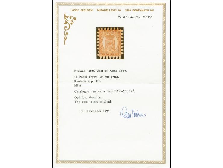 10 penni carmine-brown in good condition, regummed and one short perforation at upper right, never the less a fine stamp, sig