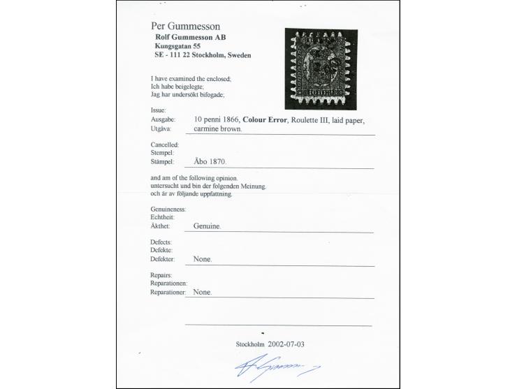 10 penni carmine-brown in good shade with cds. "ABO 5 7 1870", a very desirable stamp with perfect rouletting, signed Köhler 