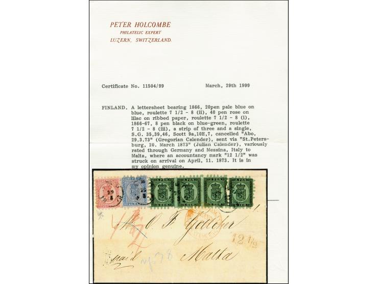 8 penni as horizontal strip of three and single in combination with 20 penni blue on grey-blue paper and 40 penni carmine on 