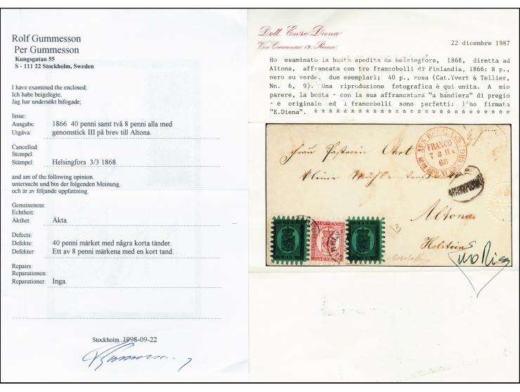 8 penni, two singles in combination with 40 penni carmine-rose,  roulette III, tied by cds. "HELSINGFORS 3 3 1868" to cover t