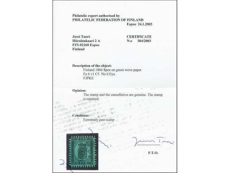 8 penni,  roulette V, in brilliant shade and of very good appearance, five perforations added, small creases, neatly cancelle
