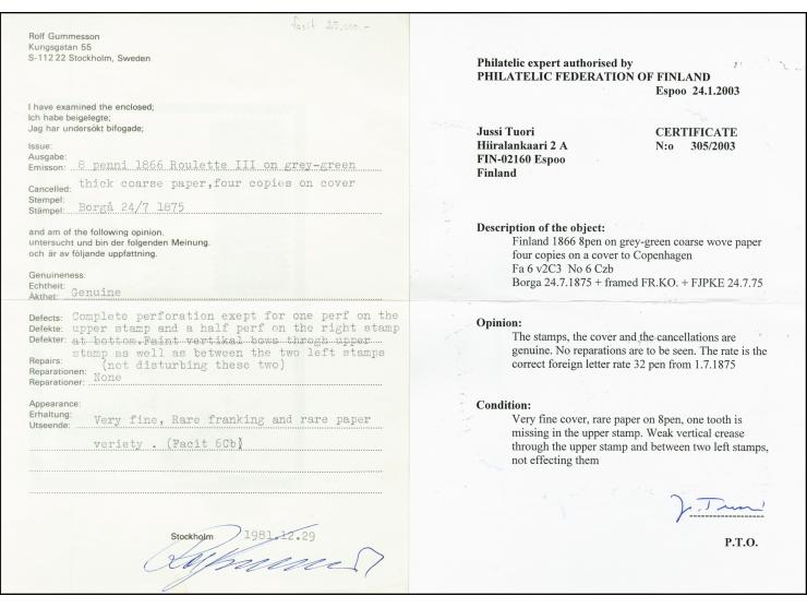 8 penni, roulette III, four singles with cds. "BORGA 24 7 1875" on folded lettersheet with framed "FR.KO" and railway mark al