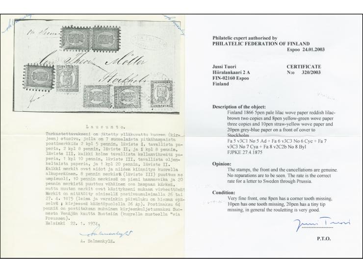 8 penni, three singles in combination with 10 black on straw-yellow and 20 penni blue on grey-blue paper as singles and two s