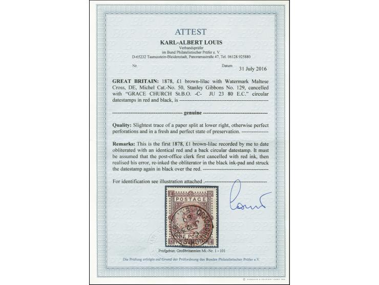 1878, 1 £ brown-lilac, wm Maltese cross, DE, neatly cancelled by cds. "GRACE CHURCH JU 23 80" in red and additionally in blac