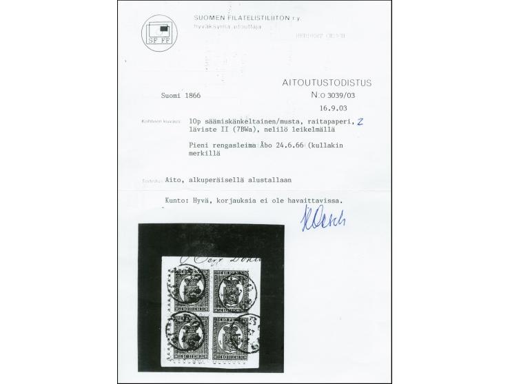 10 penni black on laid chamois paper, roulette II, as superb block of four, tied by small cds. "ABO 24 6 1866" to piece, very