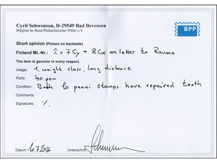 10 penni, two singles in combination with 20 penni blue on ordinary grey-blue paper tied by neat blue cds. "HELSINGFORS  3 6 