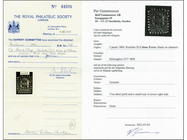 5 penni black on buff medium laid paper, roulette III, very good shade with cds. of Helsingfors, two short perforations and a