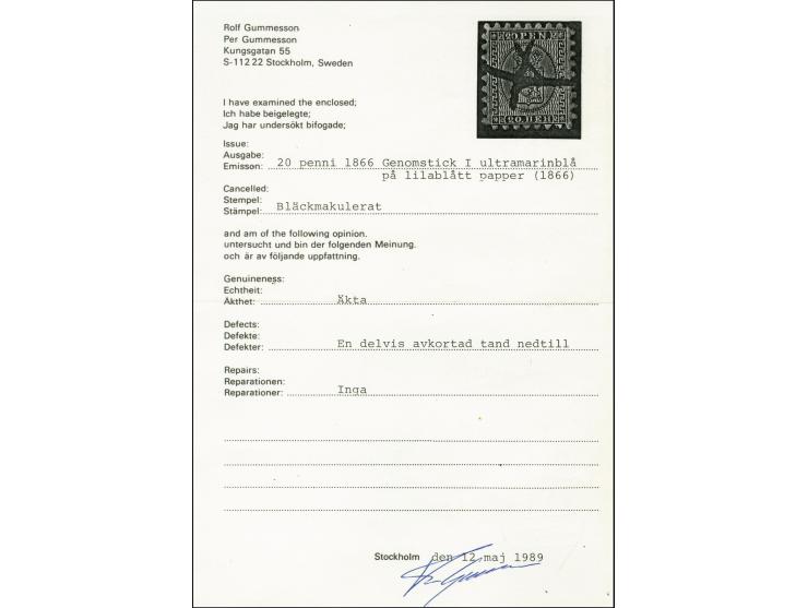 20 penni blue on ordinary lilac-blue paper, roulette I, very fresh colour used with pen strokes, one slightly nibbed perforat