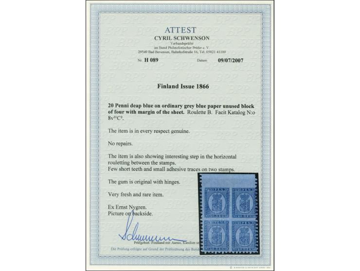 20 penni deep blue block of four with upper sheet margins, on ordinary grey blue paper, roulette II, very nice and fresh colo