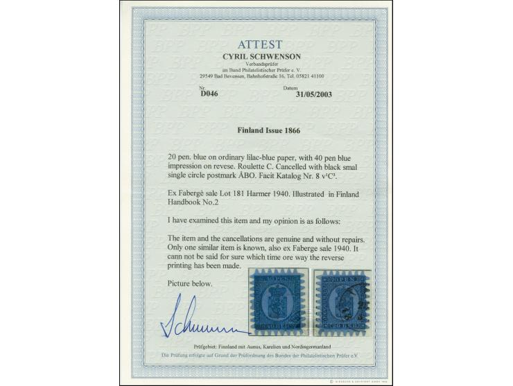 20 penni blue used with 40 penni blue impression on reverse, the famous printed on both sides error, very fine and attractive