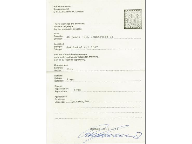 40 penni pale rose on ordinary paper in fresh shade with very clear and neat cds. "JAKOBSTAD 4 1 1867", very fine, certificat