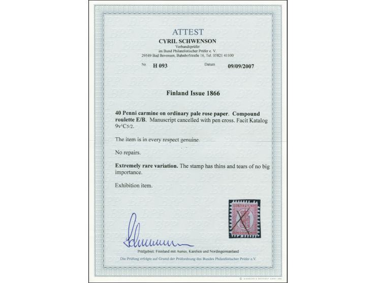 40 penni carmine on ordinary pale-rose paper, compound roulette C5/C2  (E/B), used with manuscript pen cross, small tiny tear