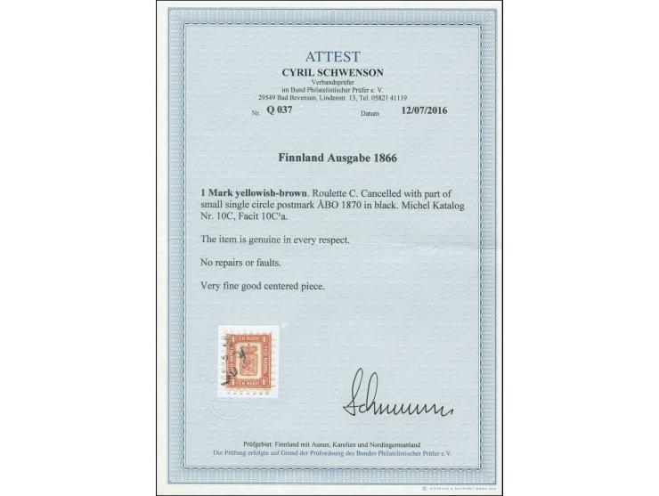 1 mark yellowish-brown, roulette I, lightly cancelled, a very fine stamp, certificate Schwenson BPP