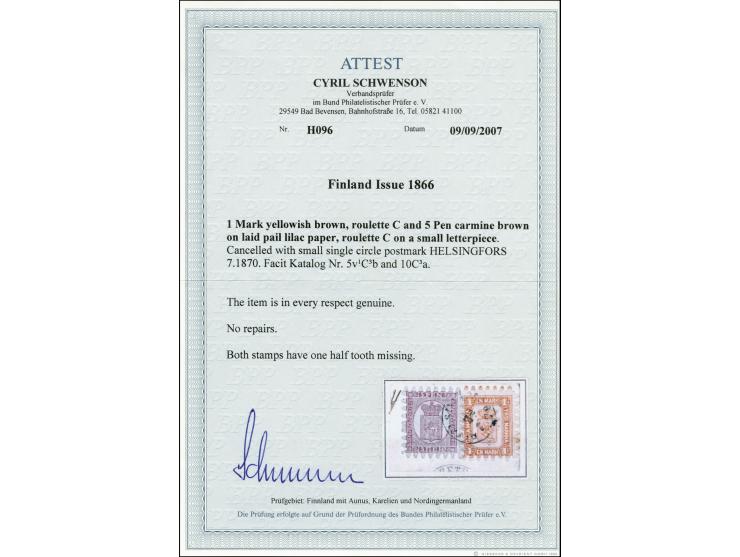 1 mark yellowish-brown in combination with 5 penni reddish brown on laid lilac paper, roulette III, with cds. "HELSINGFORS  7