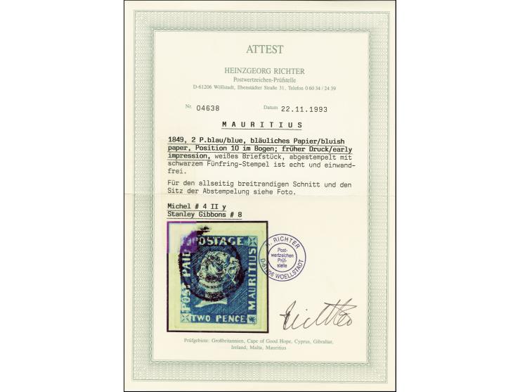 2 d. blue, nice colour and large margins all around, tied by target to piece, very fine, certificate H. Richter (1993), ex Sa